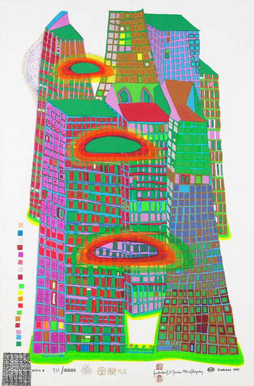 Hundertwasser - Good Morning City - Bleeding Town - series D - 1969 color screenprint